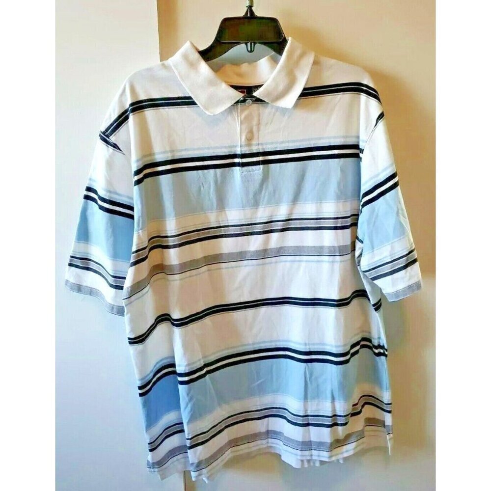 Vintage Mens Bugle Boy XLarge Striped Polo Shirt White Blue Gray Black